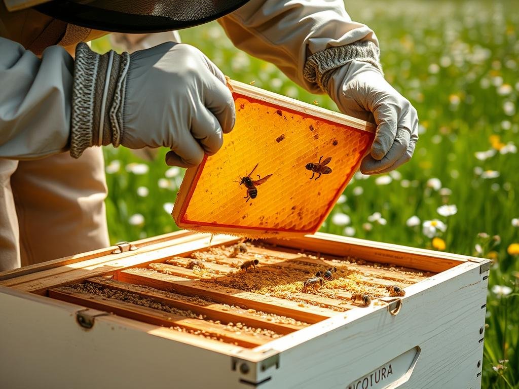 A well-lit, close-up shot of a beekeeper carefully removing a honeycomb frame from a beehive. The beekeeper's hands are wearing protective gloves, showcasing the delicate process of extracting the honeycomb. The background features a lush, green meadow with wildflowers, creating a serene, pastoral setting. The hive's exterior is prominently displayed, with the APICOLTURA BORVEI MIELE logo visible on the side. The overall mood is one of precision, attention to detail, and the beauty of the natural world.