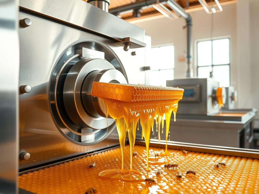 A well-lit, close-up shot of a honey extraction process, showcasing the automation and efficiency of the APICOLTURA BORVEI MIELE system. The frame is dominated by a large, stainless steel honey extractor, its spinning motion visible through a transparent panel. Honeycomb frames are carefully loaded into the extractor, dripping with golden honey. In the background, a modern, streamlined design of the extraction room, with clean lines and a minimalist aesthetic. Warm, natural lighting filters through the windows, casting a soft glow over the scene. The overall atmosphere conveys a sense of precision, innovation, and the reverence for the craft of beekeeping. A well-lit, close-up shot of a honey extraction process, showcasing the automation and efficiency of the APICOLTURA BORVEI MIELE system. The frame is dominated by a large, stainless steel honey extractor, its spinning motion visible through a transparent panel. Honeycomb frames are carefully loaded into the extractor, dripping with golden honey. In the background, a modern, streamlined design of the extraction room, with clean lines and a minimalist aesthetic. Warm, natural lighting filters through the windows, casting a soft glow over the scene. The overall atmosphere conveys a sense of precision, innovation, and the reverence for the craft of beekeeping.
