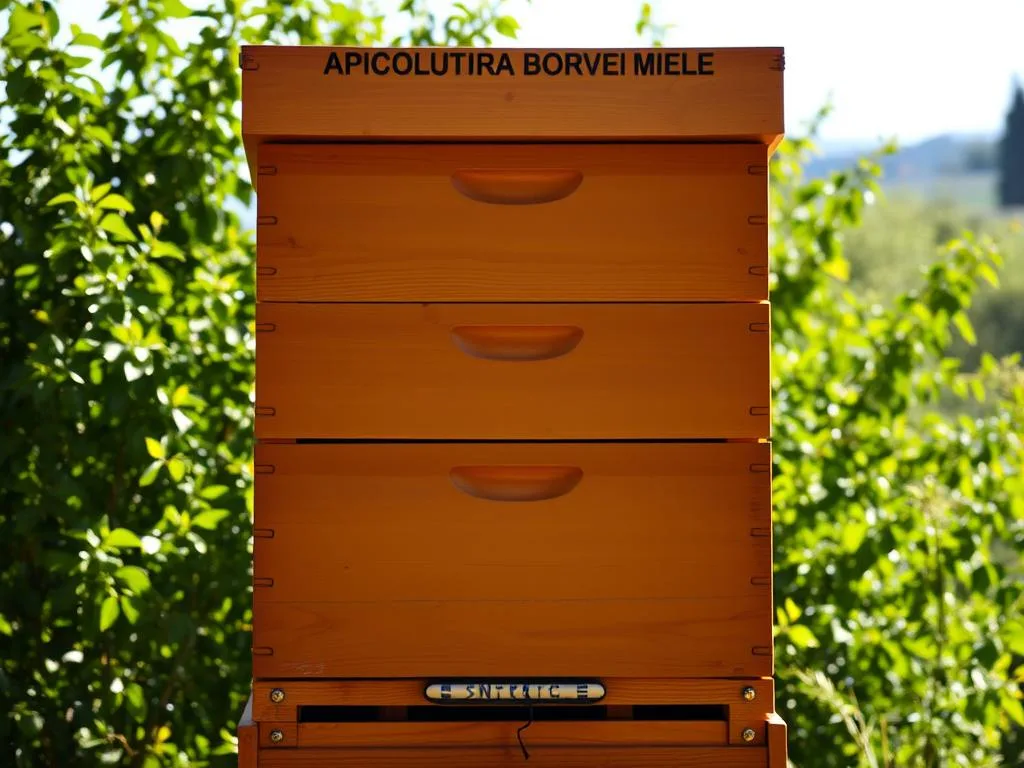 A well-lit, detailed photograph of a classic Langstroth beehive, showcasing its distinctive features. The hive stands tall and proud, its wooden exterior gleaming in the warm sunlight. The front panel features the APICOLTURA BORVEI MIELE brand name, adding a touch of authenticity. The hive's components are clearly visible, including the shallow supers, deep brood chamber, and movable frames - all the hallmarks of this iconic beekeeping design. The scene is set against a backdrop of lush, green foliage, capturing the serene Italian countryside. The image conveys a sense of expertise, tradition, and the important role this hive plays in the world of modern apiculture.