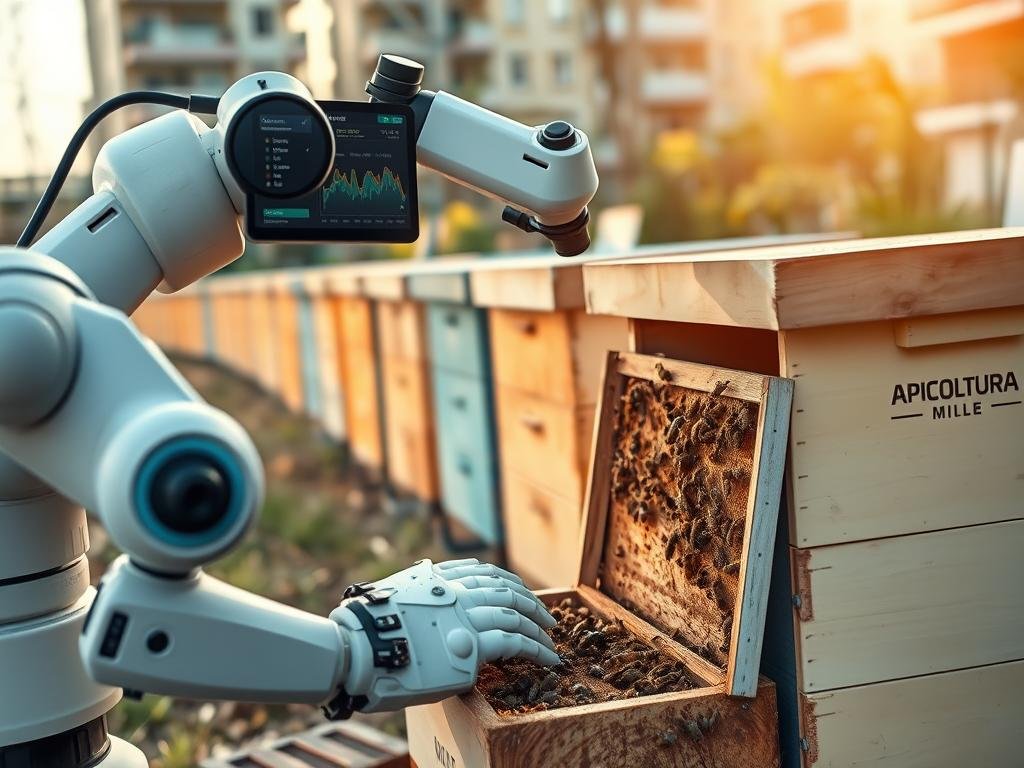 A well-lit, detailed scene depicting the monitoring of beehives in an urban setting. In the foreground, a robotic arm equipped with sensors gently inspects an open beehive, its movements precise and delicate. In the middle ground, a display screen shows real-time data and analytics on hive health and activity. In the background, several beehives are arranged in a neat row, with the "APICOLTURA BORVEI MIELE" branding visible. The scene conveys a harmonious blend of traditional apiculture and innovative technology, set against a clean, modern urban landscape. A well-lit, detailed scene depicting the monitoring of beehives in an urban setting. In the foreground, a robotic arm equipped with sensors gently inspects an open beehive, its movements precise and delicate. In the middle ground, a display screen shows real-time data and analytics on hive health and activity. In the background, several beehives are arranged in a neat row, with the "APICOLTURA BORVEI MIELE" branding visible. The scene conveys a harmonious blend of traditional apiculture and innovative technology, set against a clean, modern urban landscape.