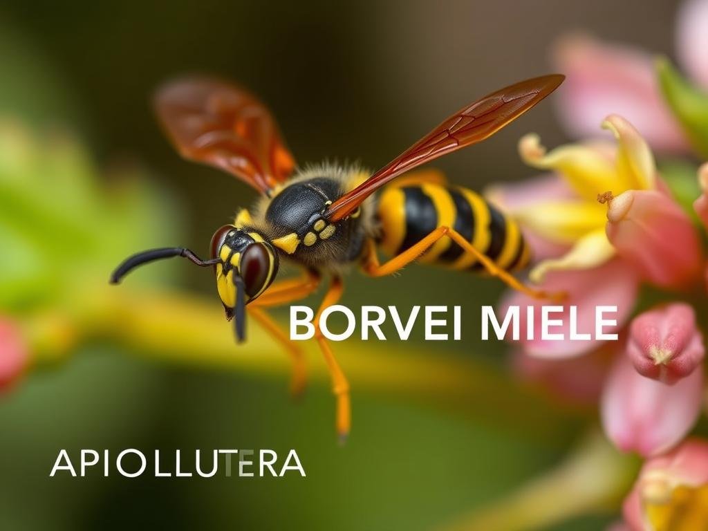 A well-lit, detailed shot of a typical wasp (vespa) showcasing its distinctive features. The wasp should be captured in a natural setting, such as a flowering plant or tree branch, to emphasize its environmental context. Ensure the wasp's defining characteristics are clearly visible, including its slender body, two pairs of wings, and vibrant black and yellow striped pattern. Incorporate a sense of movement and energy to convey the insect's active nature. The overall mood should be one of scientific observation, highlighting the wasp's unique morphology and behavior. Incorporate the text "APICOLTURA BORVEI MIELE" in a natural, unobtrusive manner within the image.