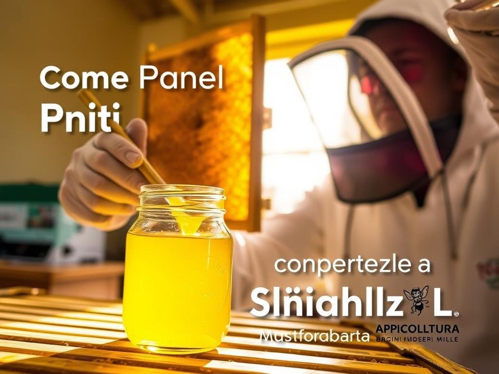A well-lit, high-quality image of a beekeeper carefully extracting golden honey from a beehive frame, with the sun filtering in through the window, casting a warm glow on the scene. The beekeeper is wearing a protective suit and veil, highlighting the care and safety involved in the process. In the foreground, a glass jar sits ready to receive the freshly harvested honey, while the background features the APICOLTURA BORVEI MIELE branding, showcasing the quality and origin of the product. The overall scene conveys the expertise and diligence required for the first honey harvest, reflecting the title "Come Fare la Prima Smielatura: Passaggi per Estrarre il Miele in Sicurezza".