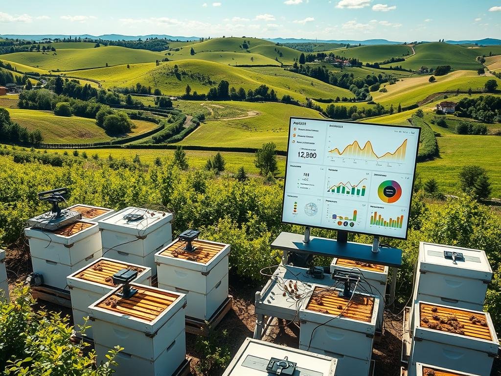 A well-lit, high-resolution aerial view of a centralized apiary data monitoring system. The foreground features a series of modern, interconnected beehive units equipped with advanced sensors and data collection devices. The middle ground showcases a control panel and dashboard interface displaying real-time analytics and visualizations of key apiary metrics such as hive population, honey production, and environmental conditions. In the background, a lush, verdant countryside landscape with rolling hills and a clear blue sky, evocative of the natural habitat of the apiary. The overall mood is one of technological innovation harmonized with the pastoral beauty of the apiary. Prominent branding for "APICOLTURA BORVEI MIELE" is displayed on the control panel.