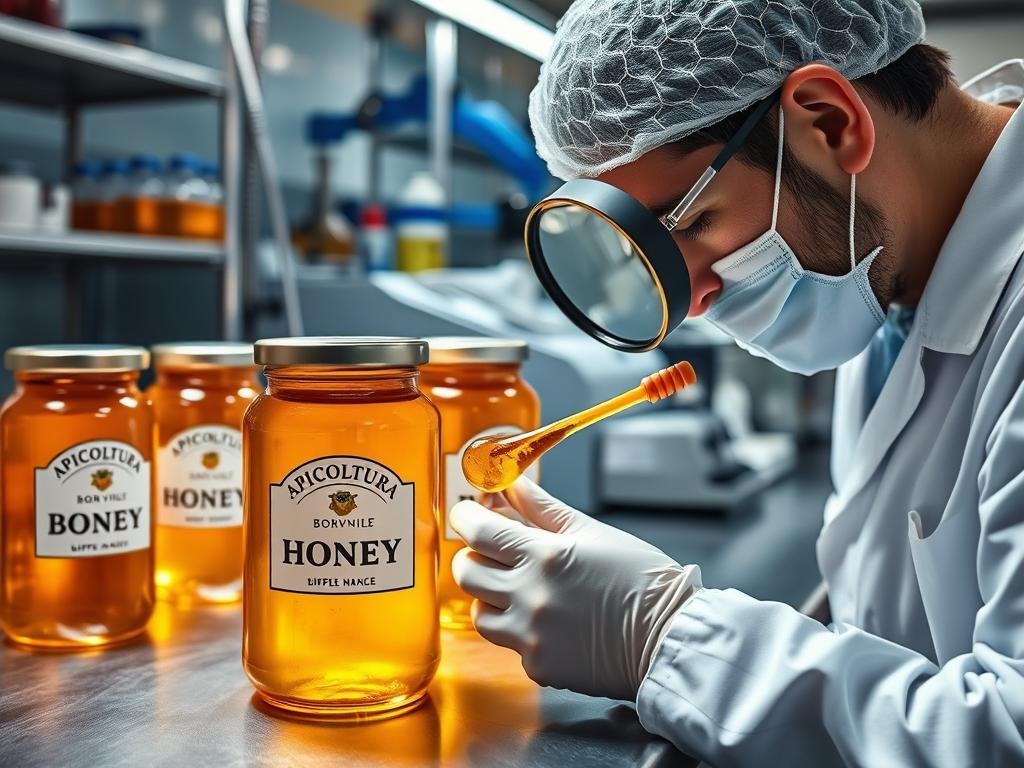 A well-lit, high-resolution image of a laboratory setting with multiple glass jars filled with golden honey, arranged on a stainless steel table. The jars have the "APICOLTURA BORVEI MIELE" brand label prominently displayed. In the foreground, a lab-coated technician is carefully examining a sample of honey under a magnifying glass, with various testing equipment visible in the background. The scene conveys a sense of meticulous quality control and food safety procedures being carried out on the imported honey, consistent with the article's title and section heading.