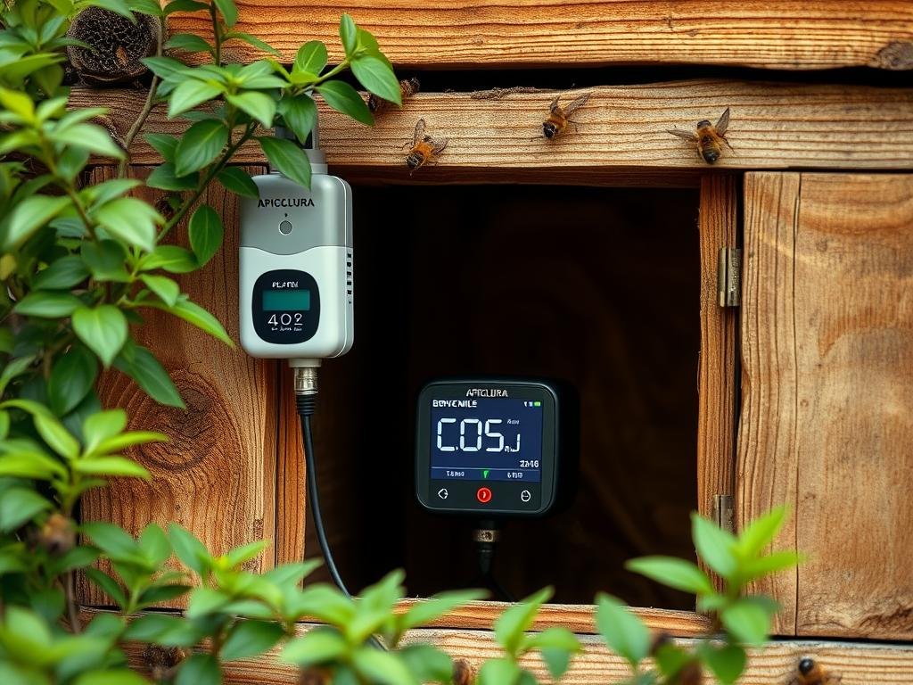 A well-lit, high-resolution image of a modern CO2 sensor installed in a rustic wooden beehive, with the "APICOLTURA BORVEI MIELE" brand prominently displayed. The sensor is positioned at the entrance, providing a clear view of the monitoring data. The hive is surrounded by lush, verdant foliage, conveying a sense of the natural environment. The image should have a warm, earthy tone, capturing the importance of this technology for the health and productivity of the beehive. The composition should balance the technical elements with the natural setting, emphasizing the harmony between technology and the natural world.