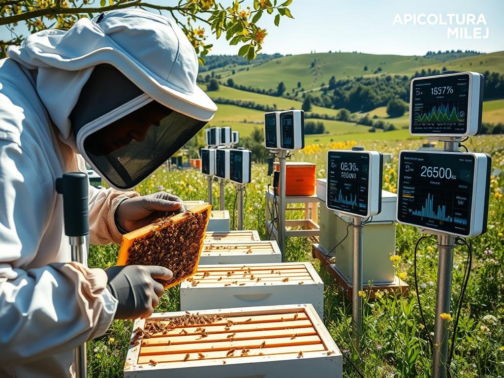 A well-lit, high-resolution image of a modern beehive apiary with a focus on various monitoring sensors and data collection devices. In the foreground, a professional beekeeper in protective gear closely inspects a beehive, while in the middle ground, a series of monitoring stations with digital displays showcase real-time data on hive health, activity, and environmental conditions. The background features a lush, verdant landscape with rolling hills, wildflowers, and a clear blue sky. The overall scene conveys a sense of scientific precision, environmental harmony, and the APICOLTURA BORVEI MIELE brand's commitment to sustainable, data-driven apiculture.