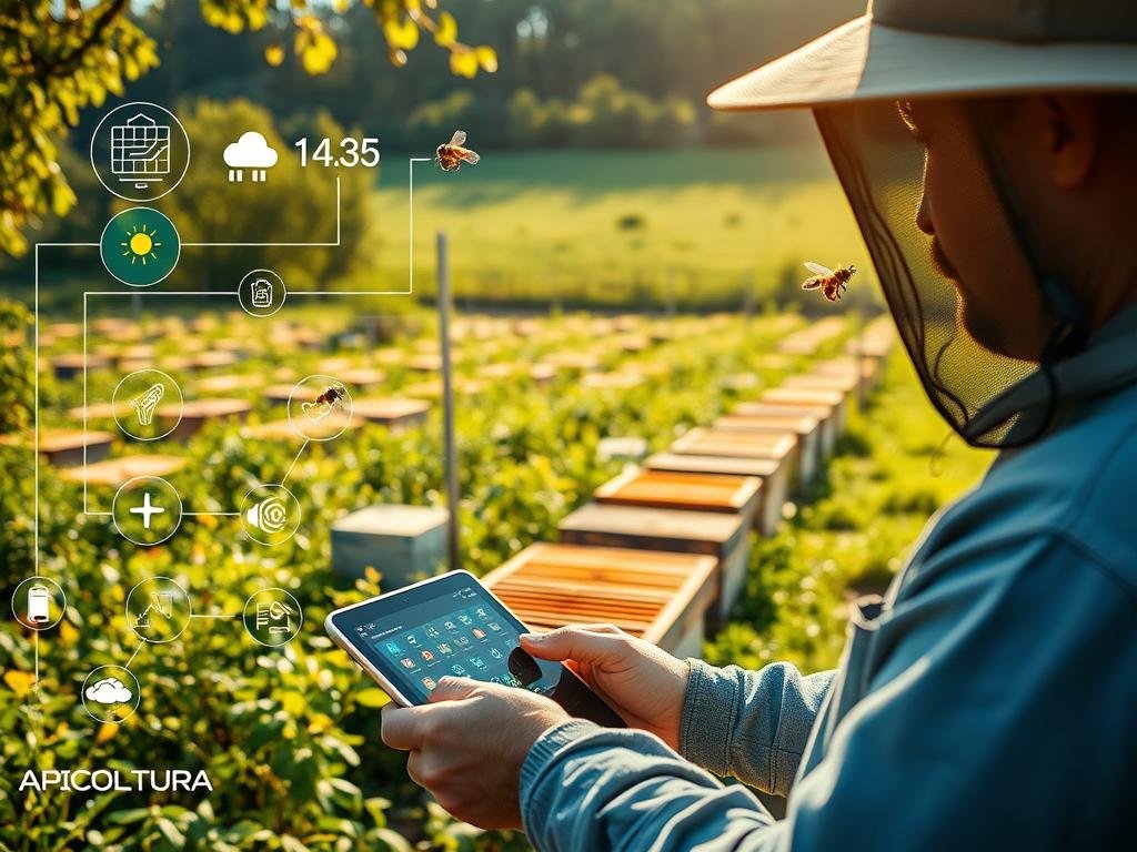 A well-lit, high-resolution image of a modern, data-driven beekeeping operation. In the foreground, a beekeeper uses a tablet to monitor hive activity and environmental conditions. The middle ground features an array of sensors and IoT devices collecting real-time data on honey production, bee health, and weather patterns. In the background, rows of beehives sit nestled in a verdant, sun-dappled field, with the APICOLTURA BORVEI MIELE branding prominently displayed. The overall scene conveys the benefits of digitizing apiculture, with technology seamlessly integrated to improve efficiency and sustainability.