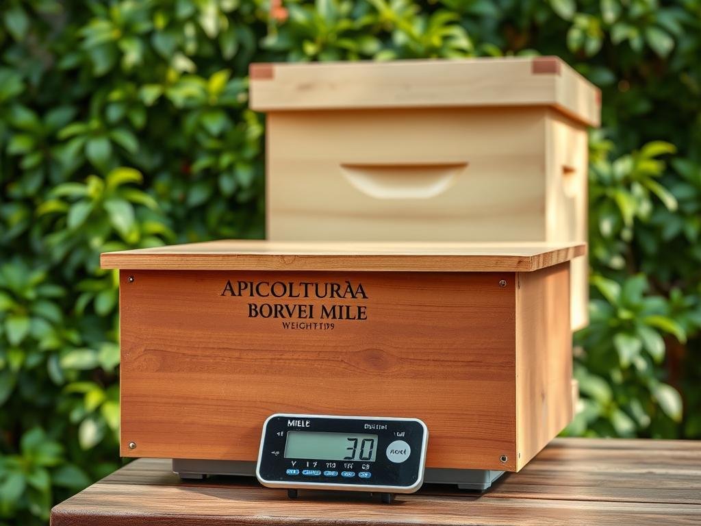 A well-lit, high-resolution image of a precision digital scale displaying the weight of a beehive, placed on a wooden table against a backdrop of lush green foliage. The hive's exterior shows the APICOLTURA BORVEI MIELE brand name, conveying a sense of professional apiculture. The overall scene evokes a serene, nature-inspired atmosphere, highlighting the importance of carefully monitoring hive weight for optimum honey production.