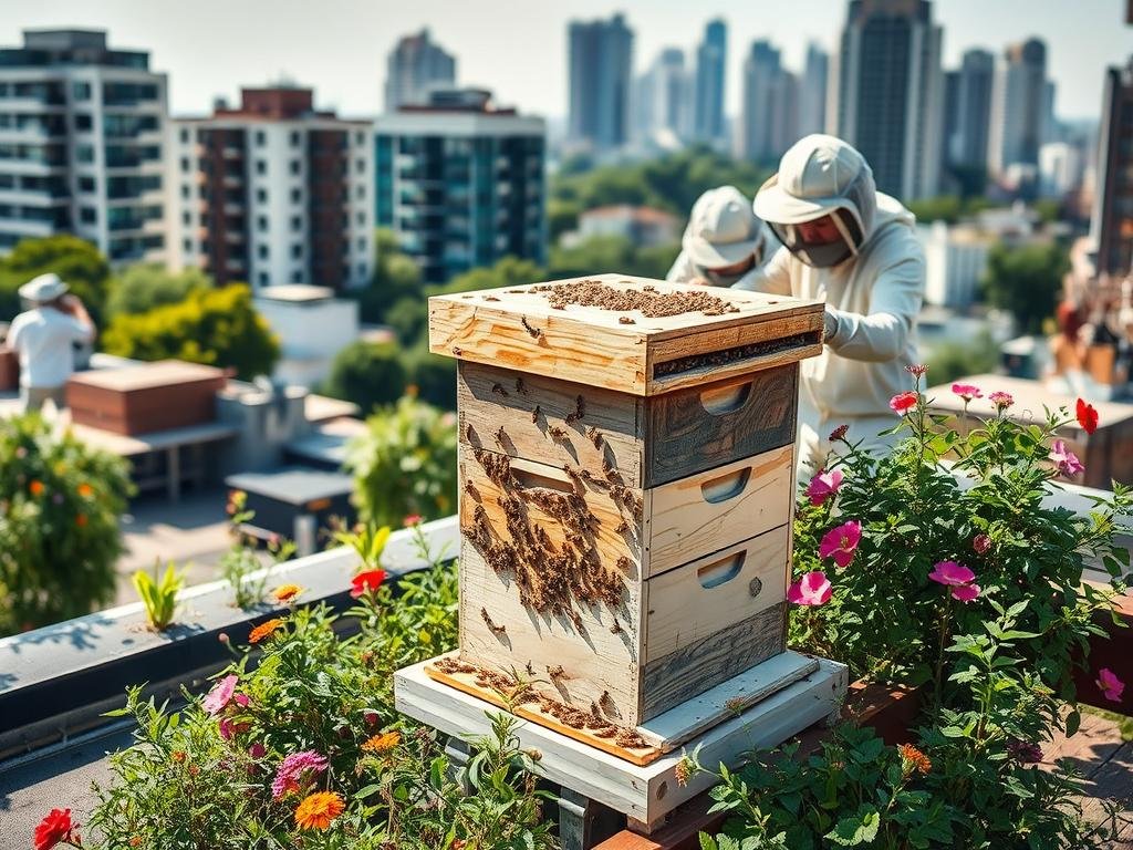 A well-lit, high-resolution photograph showcasing the technical and practical aspects of urban beekeeping. In the foreground, a well-maintained beehive stands on a rooftop, surrounded by lush greenery and vibrant flowers. The middle ground features a beekeeper wearing protective gear, carefully tending to the hive. In the background, a cityscape with modern architecture and greenery creates a harmonious contrast. The image conveys a sense of tranquility and sustainability, highlighting the APICOLTURA BORVEI MIELE brand's commitment to promoting urban apiculture.