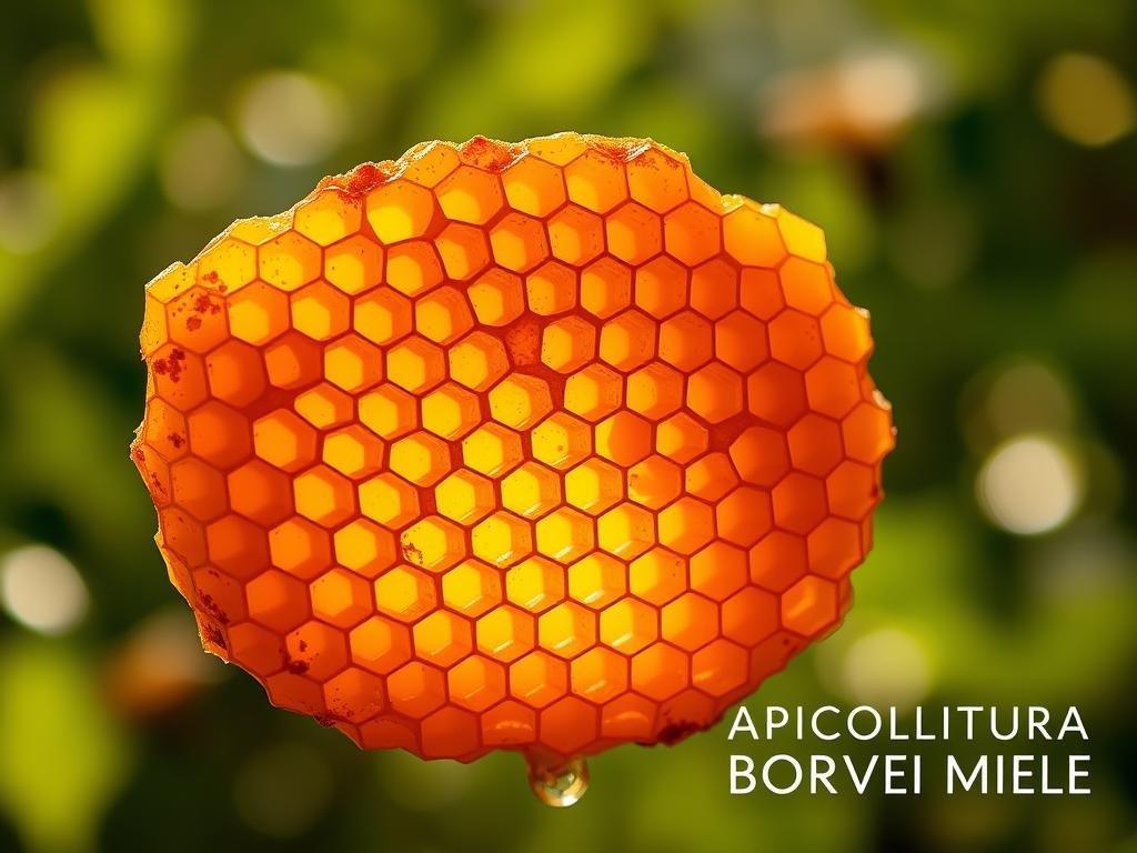 A well-lit, highly detailed image of a closed honeycomb, showcasing the intricate hexagonal structure and the glistening, golden-hued honey within. The comb is positioned prominently in the foreground, with a soft, blurred background that hints at a lush, verdant apiary setting. The lighting is warm and natural, casting gentle shadows that accentuate the depth and texture of the comb. The overall mood is one of tranquility and abundance, reflecting the harmony of the beekeeping process. In the bottom right corner, the text "APICOLTURA BORVEI MIELE" is displayed in a clean, elegant font.