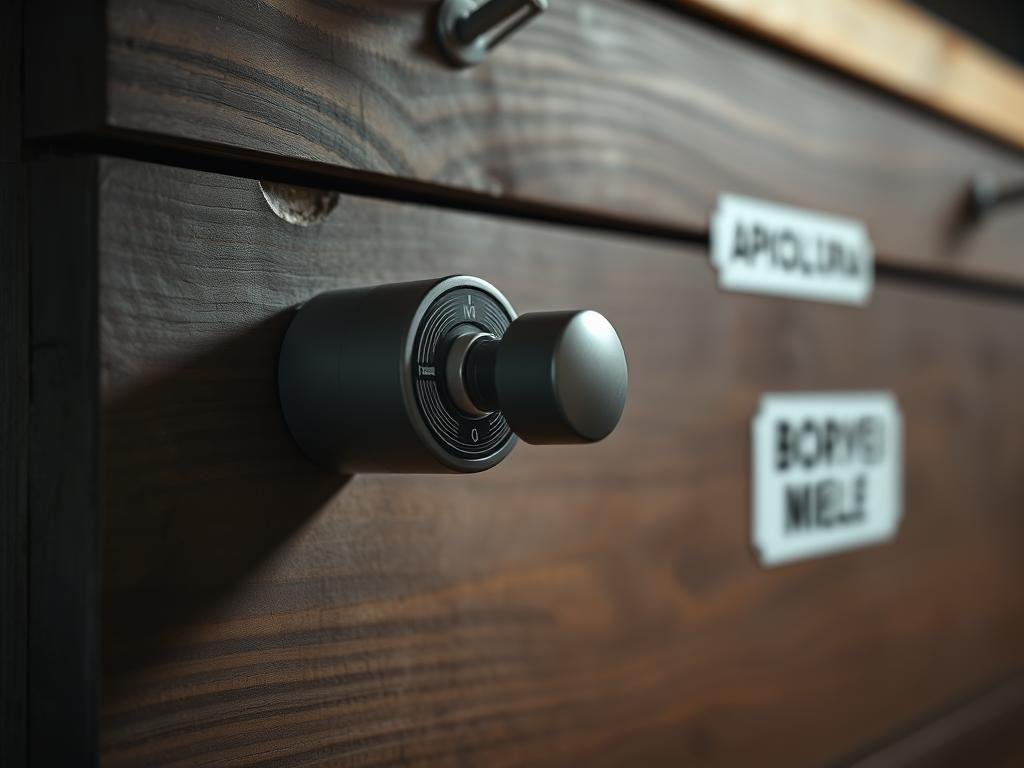 A well-lit indoor scene showcasing a professional CO2 sensor installed in a modern beehive. The sensor is mounted on the side of the hive, with its sleek, cylindrical design prominently displayed. The hive is made of dark, weathered wood, creating a rustic contrast to the high-tech sensor. Soft, diffused lighting illuminates the scene, highlighting the intricate details of the sensor's interface and the texture of the hive's surface. In the background, a label with the text "APICOLTURA BORVEI MIELE" is visible, providing a sense of authenticity and context. The overall mood is one of scientific precision and environmental awareness, reflecting the importance of CO2 monitoring in beehive management.