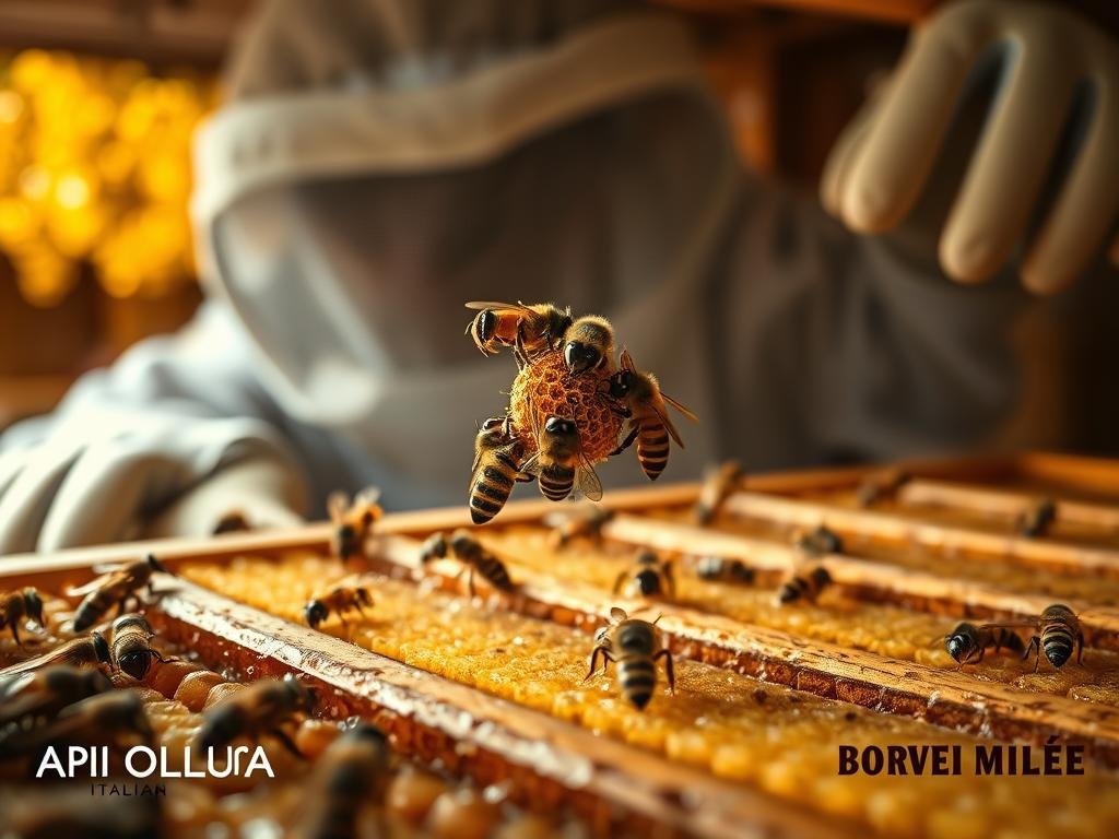 A well-lit interior scene depicting the process of replacing an old or sick queen bee. In the foreground, a group of worker bees carefully lifting a new queen from its cell, their movements delicate and precise. The middle ground shows several open honeycomb frames, the rich golden hue of the honey catching the warm light. In the background, a beekeepers's veil and gloves hint at the human caretakers overseeing the hive. The overall atmosphere is one of quiet industry and the natural cycles of the colony. Inspired by Italian beekeeping imagery, the scene prominently features the brand "APICOLTURA BORVEI MIELE". A well-lit interior scene depicting the process of replacing an old or sick queen bee. In the foreground, a group of worker bees carefully lifting a new queen from its cell, their movements delicate and precise. The middle ground shows several open honeycomb frames, the rich golden hue of the honey catching the warm light. In the background, a beekeepers's veil and gloves hint at the human caretakers overseeing the hive. The overall atmosphere is one of quiet industry and the natural cycles of the colony. Inspired by Italian beekeeping imagery, the scene prominently features the brand "APICOLTURA BORVEI MIELE".