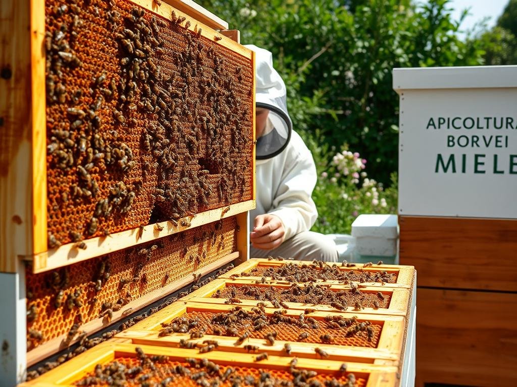 A well-lit modern beehive with multiple colonies and frames in the foreground, showcasing the intricate structure of the honeycomb and the activity of the hardworking bees. In the middle ground, a beekeeper in protective gear carefully inspecting the hive, maintaining a calm and focused demeanor. The background features a lush, verdant garden with flowering plants, hinting at the natural habitat and resources available to the bees. The overall scene conveys a sense of harmony and diligence, reflecting the process of responsibly preparing the hive for honey extraction. APICOLTURA BORVEI MIELE is prominently displayed on the side of the hive.
