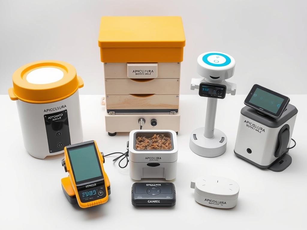 A well-lit studio shot of various beekeeping automation tools and equipment, including a APICOLTURA BORVEI MIELE branded honey extractor, a robotic hive monitoring system, an automated feeder, and a smart honey harvesting device. The tools are arranged on a clean, white tabletop, with a soft, even lighting highlighting their modern, high-tech design. The composition showcases the tools' functionality and integration, creating a sense of the streamlined automation available to Italian beekeepers today.