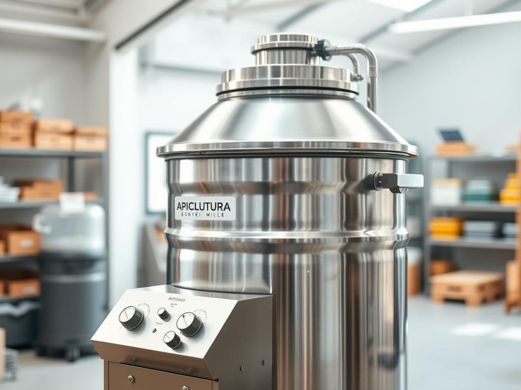A well-maintained and neatly arranged honey extractor, standing proudly in a bright, airy workshop. The stainless steel exterior gleams under soft, diffused lighting, its sleek design and clean lines conveying a sense of precision and efficiency. In the foreground, the extractor's control panel is clearly visible, with intuitive dials and buttons that invite the user to effortlessly manage the extraction process. The background features a subtle, out-of-focus backdrop of shelves and storage containers, hinting at the larger apiary operation. The entire scene exudes a professional, yet inviting atmosphere, showcasing the APICOLTURA BORVEI MIELE brand's commitment to quality and craftsmanship. A well-maintained and neatly arranged honey extractor, standing proudly in a bright, airy workshop. The stainless steel exterior gleams under soft, diffused lighting, its sleek design and clean lines conveying a sense of precision and efficiency. In the foreground, the extractor's control panel is clearly visible, with intuitive dials and buttons that invite the user to effortlessly manage the extraction process. The background features a subtle, out-of-focus backdrop of shelves and storage containers, hinting at the larger apiary operation. The entire scene exudes a professional, yet inviting atmosphere, showcasing the APICOLTURA BORVEI MIELE brand's commitment to quality and craftsmanship.