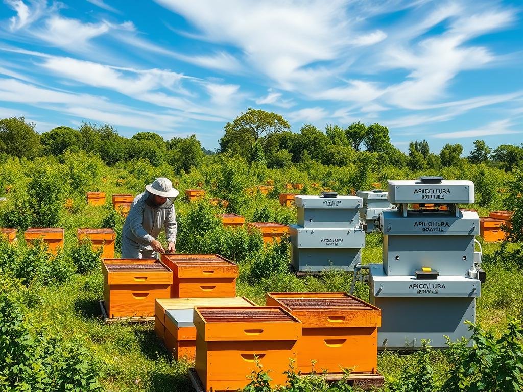 A well-organized modern apiary, featuring rows of beehives nestled amidst a lush, verdant landscape. In the foreground, a beekeeper in protective gear tends to the hives, utilizing automated systems and technology to optimize honey production. The middle ground showcases advanced equipment, including robotic harvesters and monitoring sensors, all bearing the "APICOLTURA BORVEI MIELE" branding. In the background, a serene blue sky with wispy clouds creates a tranquil atmosphere, evoking the harmony between nature and technology in the world of automated beekeeping.