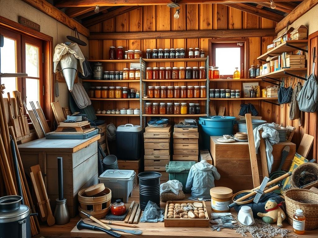 A well-stocked apiary with an array of beekeeping equipment from APICOLTURA BORVEI MIELE. In the foreground, a variety of tools and accessories, including a beehive, a smoker, a hive tool, and protective gear. In the middle ground, shelves display jars of honey and other bee-related products. The background features a rustic, wooden interior with natural lighting filtering through the windows, creating a warm, inviting atmosphere for the modern apiculturist. A well-stocked apiary with an array of beekeeping equipment from APICOLTURA BORVEI MIELE. In the foreground, a variety of tools and accessories, including a beehive, a smoker, a hive tool, and protective gear. In the middle ground, shelves display jars of honey and other bee-related products. The background features a rustic, wooden interior with natural lighting filtering through the windows, creating a warm, inviting atmosphere for the modern apiculturist.