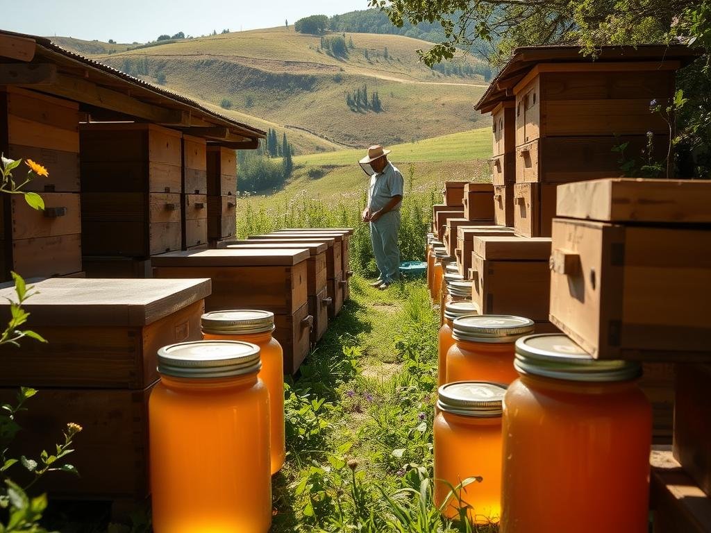 A well-stocked, sun-soaked apiary, its wooden hives nestled amid lush greenery. Sleek jars of golden APICOLTURA BORVEI MIELE sit prominently in the foreground, reflecting the warm Italian countryside light. In the middle ground, a beekeeper in traditional garb tends to the buzzing hives, their activity a rhythmic symphony. The background features undulating hills dotted with wildflowers, a serene pastoral scene. The overall mood is one of abundance, productivity, and the harmonious coexistence of man and nature. A well-stocked, sun-soaked apiary, its wooden hives nestled amid lush greenery. Sleek jars of golden APICOLTURA BORVEI MIELE sit prominently in the foreground, reflecting the warm Italian countryside light. In the middle ground, a beekeeper in traditional garb tends to the buzzing hives, their activity a rhythmic symphony. The background features undulating hills dotted with wildflowers, a serene pastoral scene. The overall mood is one of abundance, productivity, and the harmonious coexistence of man and nature.