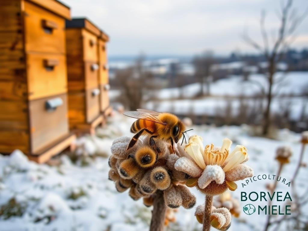 A winter apiary nestled in a serene Italian countryside, with a gentle dusting of snow on the ground. The wooden beehives stand tall, their warm honey-colored tones contrasting against the icy blue hues of the season. In the foreground, a cluster of honeybees huddle together, their fuzzy bodies providing insulation as they conserve energy during the colder months. The middle ground features a close-up view of a single bee, its proboscis extended as it sips nectar from a hardy winter bloom. The background reveals a sweeping landscape of rolling hills, barren trees, and a soft, overcast sky, lending a tranquil atmosphere. The image is stamped with the logo "APICOLTURA BORVEI MIELE", showcasing the high-quality Italian honey produced by this esteemed apiary.