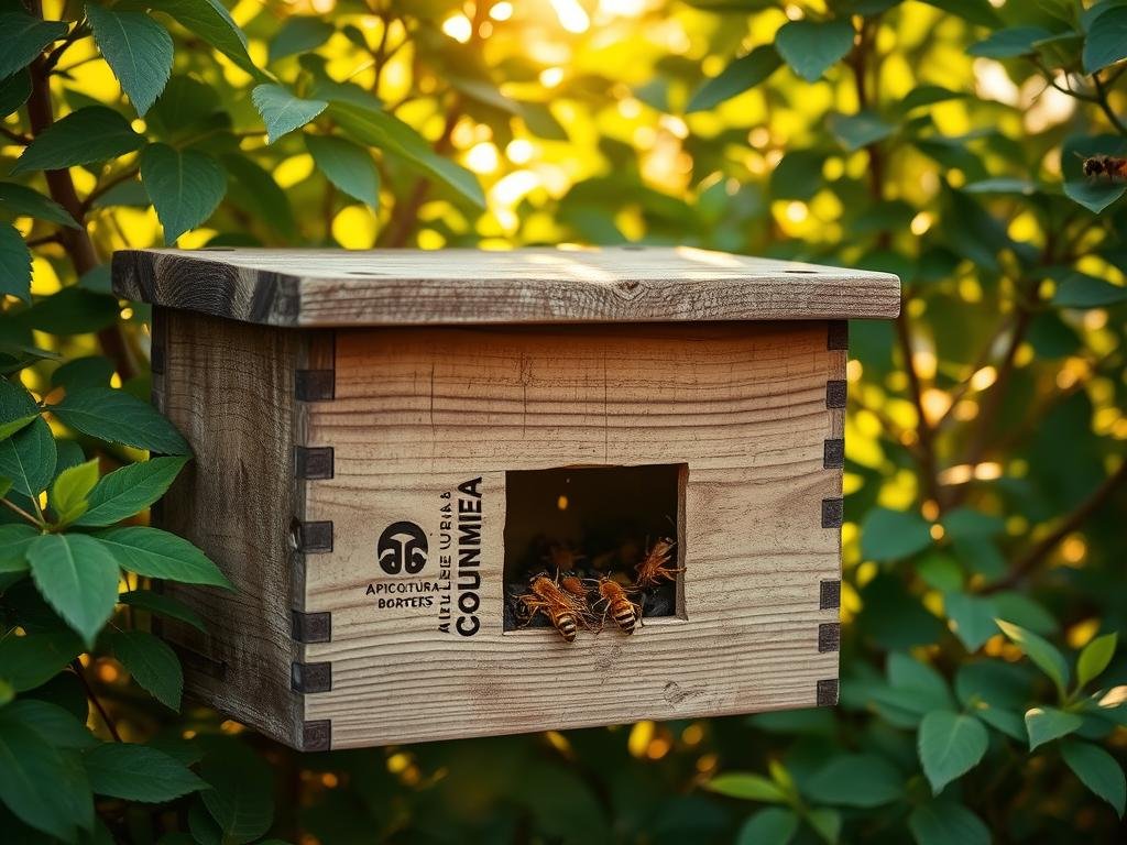 A wooden trap with a baited entrance set against a backdrop of lush green foliage. The trap is designed to capture aggressive hornets known as "Calabroni" that pose a threat to nearby beehives. Warm, golden sunlight filters through the leaves, casting soft shadows on the weathered trap. The APICOLTURA BORVEI MIELE logo is discreetly displayed on the side of the trap, indicating this is a professional beekeeping solution. The overall scene conveys a sense of effective, nature-based pest control in harmony with the surrounding environment.