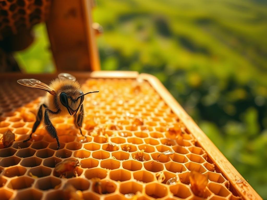 A young honeybee, its delicate body adorned with the iconic black and yellow stripes, stands prominently in the foreground. Its compound eyes glisten with intelligence as it tends to a honeycomb filled with nectar and pollen, the lifeblood of the hive. In the middle ground, a network of intricate hexagonal cells, the architectural marvel of the Apicoltura colony, stretches out. Warm, natural lighting bathes the scene, casting a glow that accentuates the bee's diligent movements. The background features a lush, verdant landscape, suggesting the abundant floral resources that sustain the colony. The overall mood is one of industrious tranquility, capturing the essence of the honeybee's vital role as a nurturing caretaker within the cycle of life.
