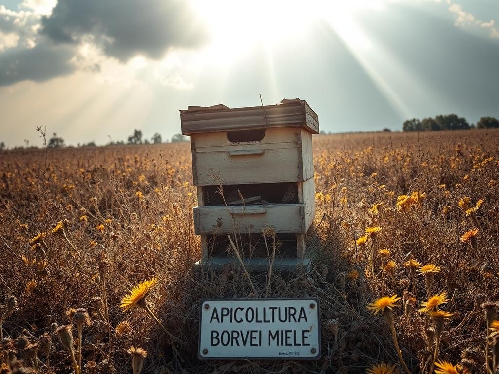 An abandoned, dilapidated beehive sits amidst a field of withered, dry flowers. The once vibrant colors have faded, and the air is thick with a sense of melancholy. The hive stands alone, a stark contrast to the lush, thriving landscapes often associated with apiaries. Sunlight filters through the clouds, casting a somber glow over the scene. In the foreground, a small plaque reads "APICOLTURA BORVEI MIELE," a testament to the impact of colony losses on the honey industry. This image conveys the gravity of the issue of "perdita di colonie di api" and the need for technological solutions to address it.