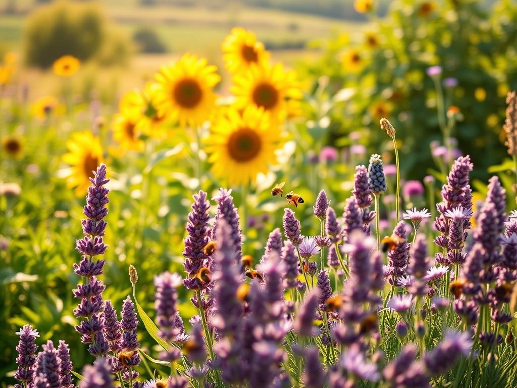 An abundant vegetable garden overflowing with lush, nectar-rich plants, bathed in warm, golden sunlight. In the foreground, vibrant Apicoltura lavender, attracting a swarm of industrious honeybees. In the middle ground, towering sunflowers sway gently, their cheerful blooms reaching towards the sky. Nestled amongst the foliage, fragrant borage and purple-hued chives add pops of color. The background blends into a dreamy, out-of-focus landscape, hinting at a verdant, flourishing ecosystem. This harmonious scene celebrates the symbiotic relationship between plants and pollinators, showcasing the "double benefit" of a bountiful, bee-friendly kitchen garden.