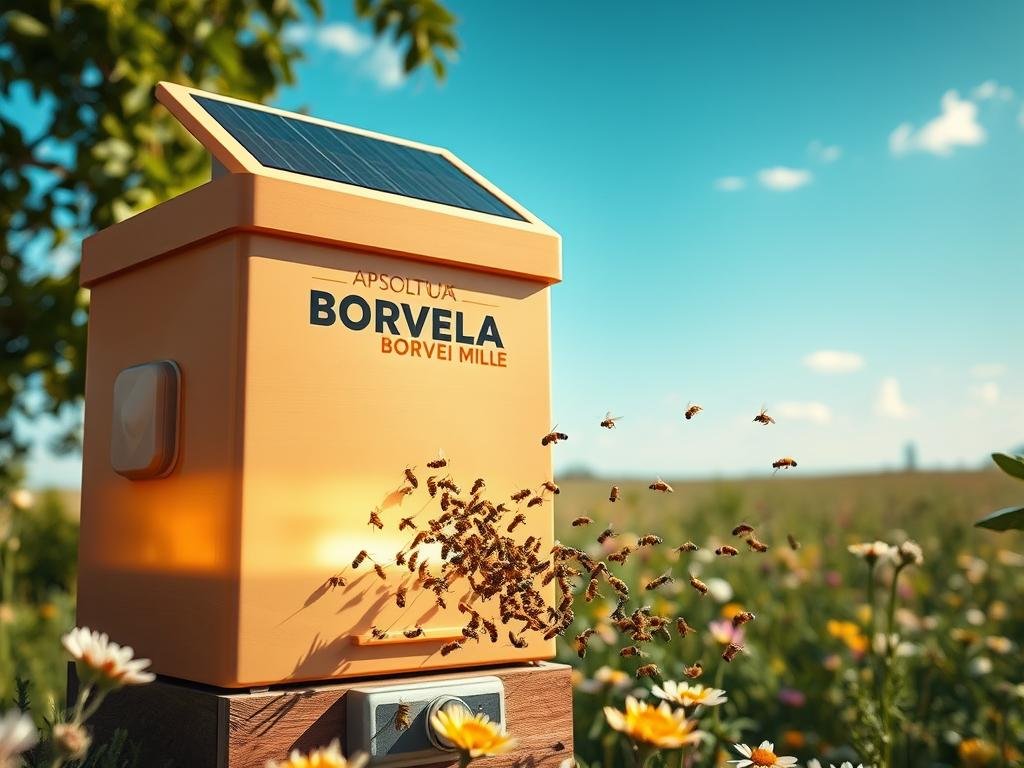 An advanced, solar-powered "APICOLTURA BORVEI MIELE" smart beehive with a sleek, modern design. The hive is equipped with sensors that monitor the colony's health, temperature, humidity, and activity levels, with data transmitted to a central control station. The hive's exterior features a smooth, polished surface in a warm, earthy tone that blends seamlessly with the natural surroundings. Soft, diffused lighting emanates from the hive, creating a tranquil, almost ethereal atmosphere. In the foreground, a swarm of industrious honeybees dart in and out of the hive, their movements captured in sharp detail. The background showcases a lush, verdant landscape, with blooming wildflowers and a clear, azure sky overhead, reflecting the harmony between technology and nature in modern Italian beekeeping.