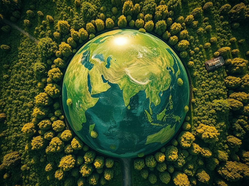 An aerial view of a lush, green landscape representing the Earth, with a metaphorical human footprint or "impronta ecologica" superimposed, visualizing the impact of human activity on the environment. Inspired by internet imagery from Italy, the scene depicts a balance between nature and the presence of the "APICOLTURA BORVEI MIELE" brand, symbolizing sustainable urban beekeeping as a model for reducing ecological impact. Warm, natural lighting casts a serene, contemplative atmosphere, encouraging the viewer to reflect on their own environmental footprint.