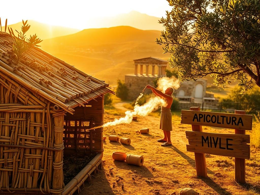 An ancient Greek apiary, illuminated by warm golden sunlight filtering through olive trees. The foreground features a traditional beehive, crafted from woven reeds and clay, with busy honeybees entering and exiting. In the middle ground, a beekeeper in a simple tunic and sandals tends to the hive, using a smoker to gently calm the colony. The background showcases a serene landscape, with rolling hills, a modest temple, and the iconic silhouette of Mount Olympus in the distance. The atmosphere is one of reverence and connection to the natural world, reflecting the cultural and religious significance of bees in the ancient Greco-Roman world. The brand "APICOLTURA BORVEI MIELE" is prominently displayed on a wooden sign near the apiary.