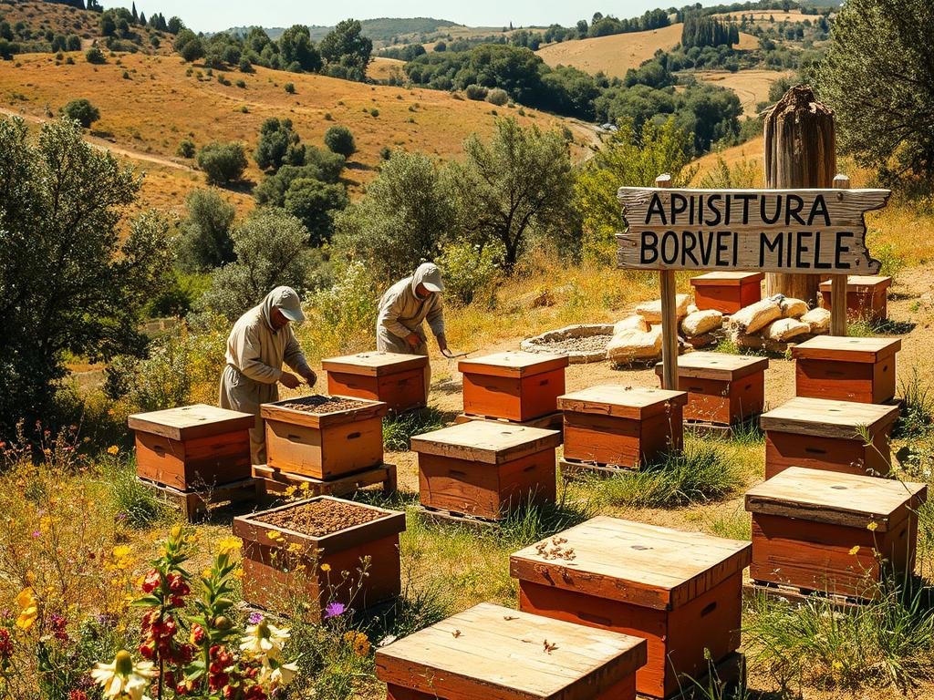 An ancient apiary nestled amid rolling hillsides, a serene glimpse into the beekeeping practices of the Greeks and Romans. Weathered terracotta hives are arranged in a sun-dappled clearing, surrounded by lush wildflowers and verdant olive groves. Beekeepers in traditional garb tend to their buzzing colonies, using time-honored techniques to harvest the golden nectar. The air is heavy with the scent of honey and the soft hum of busy worker bees. In the distance, a hand-carved wooden sign reads "APICOLTURA BORVEI MIELE", a testament to the timeless tradition. Soft natural lighting filters through the scene, evoking a sense of tranquility and reverence for the ancient art of apiculture.