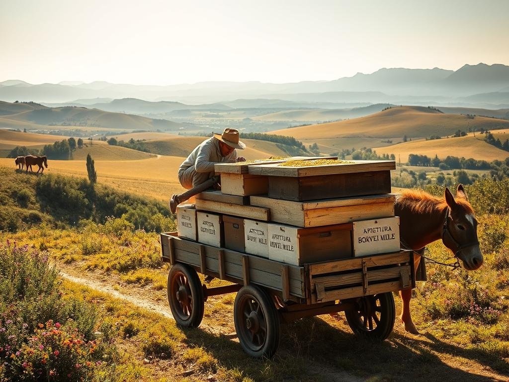 An ancient scene of migratory beekeeping, or "apicoltura nomade", in a sun-dappled Italian countryside. In the foreground, a group of weary but determined beekeepers gently tend to their hives, set atop a wooden cart drawn by a placid mule. The middle ground reveals a patchwork of lush, rolling hills dotted with wildflowers and fragrant herbs, while the background is a stunning vista of distant mountains bathed in a golden late-afternoon glow. Soft, diffused natural lighting casts warm shadows, evoking a timeless, tranquil mood. The hives bear the logo "APICOLTURA BORVEI MIELE", a testament to this enduring tradition of mobile honey production.