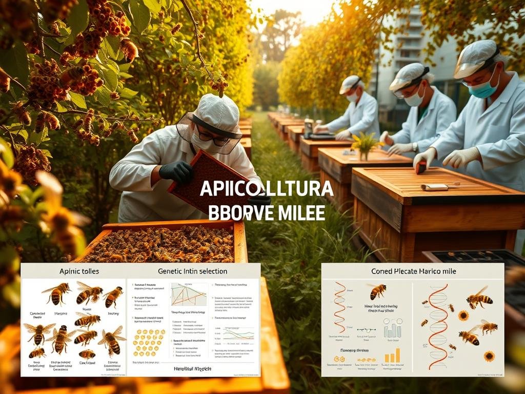 An apiary filled with thriving honeybee colonies, their hives nestled amidst lush, verdant foliage. In the foreground, a beekeeper carefully inspects a frame, observing the bees' behavior and health. The middle ground showcases the genetic selection process, with labeled specimens and detailed charts illustrating the desired traits for hardier, more productive bees. In the background, a state-of-the-art laboratory setting, where scientists in white coats analyze DNA samples and implement advanced breeding techniques. Warm, golden lighting illuminates the scene, conveying a sense of scientific progress and the future of apiculture. The logo "APICOLTURA BORVEI MIELE" proudly displayed, reflecting the brand's commitment to innovation.