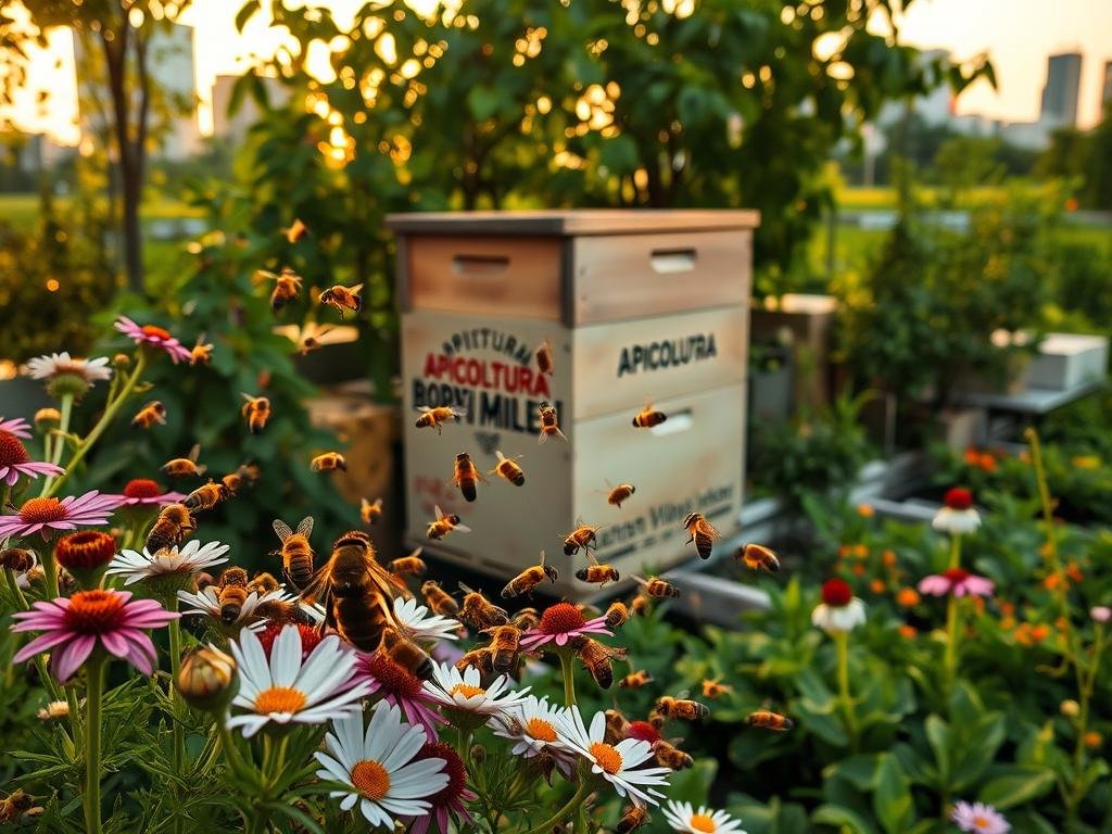 An educational urban apiary with vibrant green foliage and a warm, golden-hour lighting. In the foreground, a cluster of healthy honeybees pollinate a variety of native flowers, their intricate dance capturing the viewer's attention. The middle ground showcases a well-designed beehive with the "APICOLTURA BORVEI MIELE" branding, surrounded by lush, organic garden beds. In the background, the cityscape softly fades, hinting at the harmonious integration of nature and urban development. The overall scene conveys a sense of wonder, environmental stewardship, and the powerful role bees play in sustaining healthy ecosystems, even within the heart of the city.