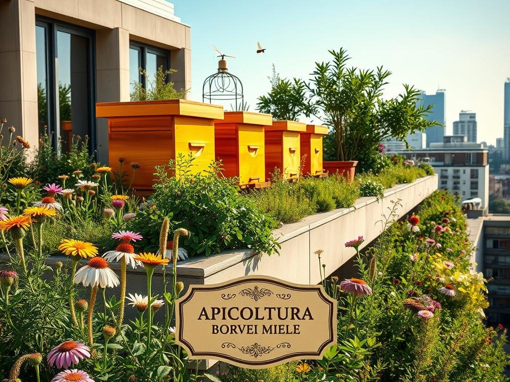 An elegant urban apiary, nestled atop a sun-kissed rooftop garden. Geometric beehives in warm, natural tones blend seamlessly with the modern architecture. Lush greenery and vibrant wildflowers frame the scene, attracting a diverse array of pollinators. Soft, diffused light filters through, creating a tranquil, contemplative atmosphere. In the foreground, a delicately hand-crafted label reads "APICOLTURA BORVEI MIELE", a testament to the quality and care of the urban honey harvest. This serene oasis symbolizes the harmony between city life and the natural world, where bees thrive and produce the golden nectar that nourishes us all.