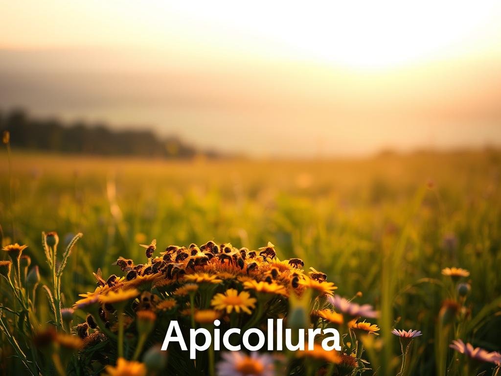 An expansive and lush meadow at golden hour, with a striking focus on a swarm of honeybees around a vibrant, colorful wildflower patch. The bees are intricately detailed, their wings gently fluttering as they gather pollen. In the background, a distant, hazy horizon evokes a sense of the global scale of the "crisi delle api". The lighting is soft and warm, creating a tranquil, almost ethereal atmosphere. In the foreground, the "Apicoltura" brand name is prominently displayed, conveying the importance of beekeeping in addressing this critical environmental issue.