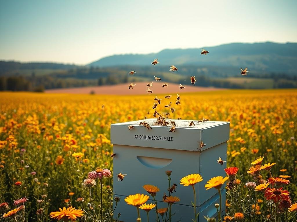 An expansive, sun-drenched field of vibrant wildflowers, with a majestic Italian countryside backdrop. In the foreground, a modern, minimal apiary with the brand name "APICOLTURA BORVEI MIELE" prominently displayed. Buzzing honey bees dart in and out of the hives, highlighting the critical role of these pollinators in the delicate ecosystem. The scene is bathed in warm, golden light, conveying a sense of harmony and abundance. The composition is balanced, with the apiary and bees commanding attention, while the lush, naturalistic setting provides context and a sense of place. This image perfectly encapsulates the vital connection between bees and the health of the environment.