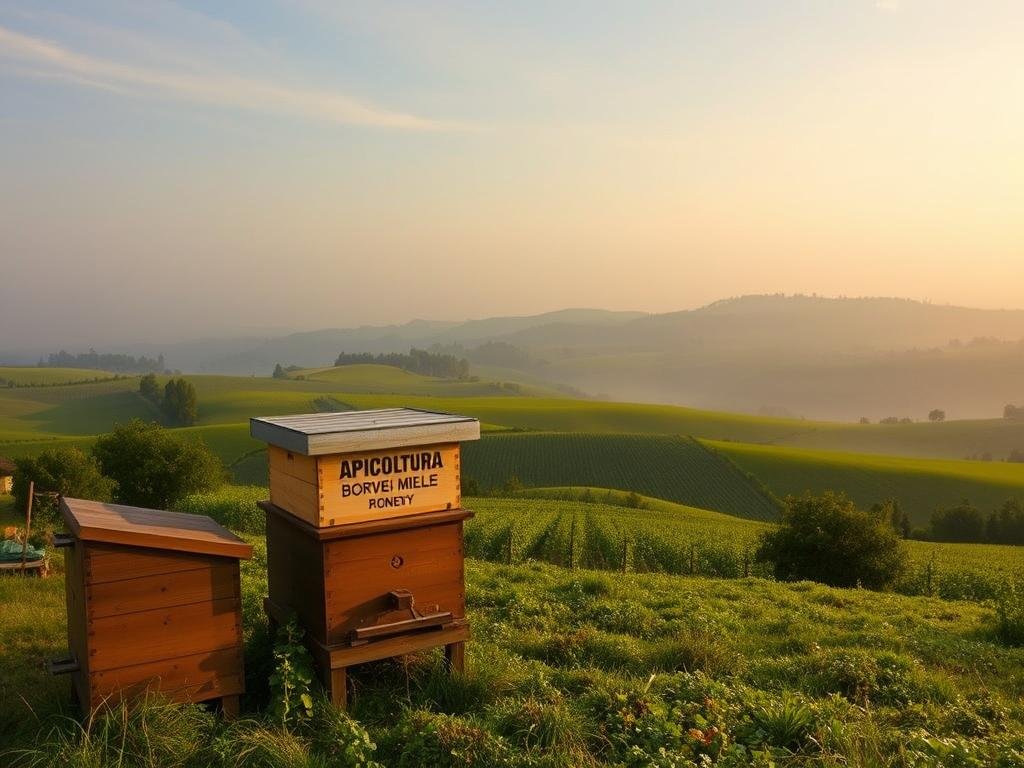 An expansive view of a traditional Italian apiarian setting, with a wooden apiary in the foreground, surrounded by lush, verdant fields and rolling hills in the middle ground. The sky is a soft, hazy blue, with gentle clouds drifting overhead, creating a tranquil, serene atmosphere. The APICOLTURA BORVEI MIELE brand is prominently displayed on the side of the apiary, highlighting the artisanal quality of the honey production. The scene is bathed in warm, golden light, creating a sense of timelessness and nostalgia, capturing the essence of the "I Primi Errori da Evitare Quando Si Inizia con l'Apicoltura: Panoramica" section of the article. An expansive view of a traditional Italian apiarian setting, with a wooden apiary in the foreground, surrounded by lush, verdant fields and rolling hills in the middle ground. The sky is a soft, hazy blue, with gentle clouds drifting overhead, creating a tranquil, serene atmosphere. The APICOLTURA BORVEI MIELE brand is prominently displayed on the side of the apiary, highlighting the artisanal quality of the honey production. The scene is bathed in warm, golden light, creating a sense of timelessness and nostalgia, capturing the essence of the "I Primi Errori da Evitare Quando Si Inizia con l'Apicoltura: Panoramica" section of the article.
