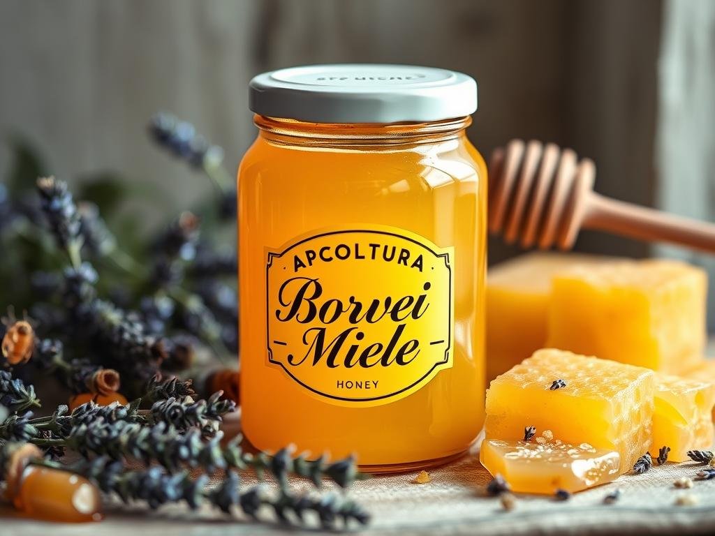 An expansive, warm-toned close-up of a large glass jar filled with thick, viscous golden honey. The jar's label displays the brand name "APICOLTURA BORVEI MIELE" in classic cursive font. Surrounding the jar are various Italian honey-themed elements such as sprigs of lavender, slices of fresh honeycomb, and small wildflowers. The scene is illuminated by soft, diffused natural lighting, creating a cozy, inviting atmosphere that evokes the artisanal, traditional qualities of Italian honey production. The overall composition emphasizes the purity, quality, and care put into the honey, in line with the section title "La Definizione e Composizione del Miele Secondo le Normative UE".