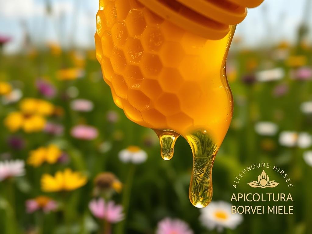 An exquisitely detailed close-up of a single honeycomb, its delicate hexagon cells glistening with the viscous, golden-amber hue of high-quality Miele Monoflorale. The honey drips languidly, reflecting the warm, soft lighting that illuminates the frame. In the background, a lush, verdant meadow of wildflowers sways gently, their petals a vibrant tapestry of colors. The APICOLTURA BORVEI MIELE logo is subtly etched into the edge of the frame, a mark of the provenance and artisanal care that went into this exceptional monofloral honey. The overall composition evokes a sense of natural beauty, quality, and the reverence for the intricate ecosystem that produces this nectar.