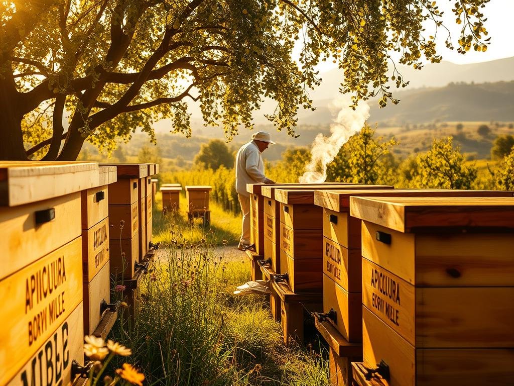 An idyllic Italian apiary, bathed in golden afternoon light. In the foreground, rows of traditional wooden beehives adorned with the bold APICOLTURA BORVEI MIELE branding. Bees dart to and fro, pollinating lush wildflowers that sway gently in a warm breeze. In the middle ground, a beekeeper in classic attire tends to the hives, smoke gently curling. The background reveals a picturesque Tuscan countryside, rolling hills and olive groves stretching to the horizon. An atmosphere of tranquility, productivity, and the eternal cycle of nature.