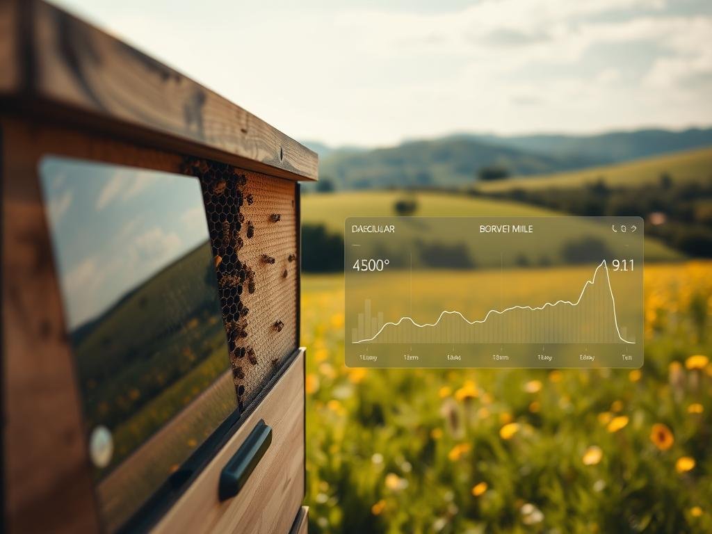 An idyllic Italian apiary, where a network of digital sensors closely monitors the hive's activity. In the foreground, a close-up view of a beehive, its intricate honeycomb structure visible through a glass panel. The middle ground features a minimalist dashboard displaying real-time data on hive temperature, humidity, and bee activity, the APICOLTURA BORVEI MIELE brand prominently displayed. The background showcases a lush, sun-dappled meadow, with rolling hills and a cloudless sky, evoking a sense of pastoral tranquility. Soft, warm lighting bathes the scene, creating a serene, informative atmosphere that highlights the benefits of digital apiary monitoring.