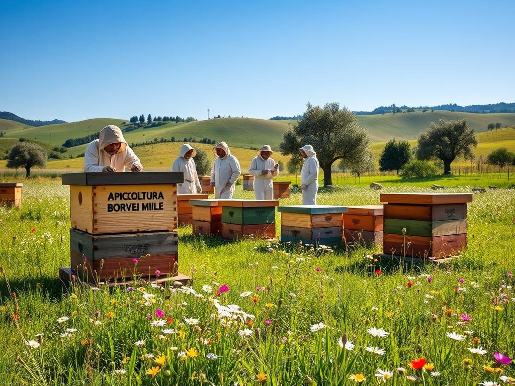An idyllic Italian countryside scene showcasing the vibrant world of "apicoltura" (beekeeping). A lush green meadow dotted with colorful wildflowers serves as the foreground, where several traditional wooden beehives, adorned with the "APICOLTURA BORVEI MIELE" brand, sit peacefully. In the middle ground, a group of beekeepers in protective gear tend to the hives, their movements graceful and focused. The background features rolling hills, a bright blue sky, and the distant silhouettes of ancient olive trees. The scene is bathed in warm, golden sunlight, capturing the tranquility and timelessness of this age-old practice. A sense of harmony and connection between nature, bees, and the people who care for them permeates the entire composition.