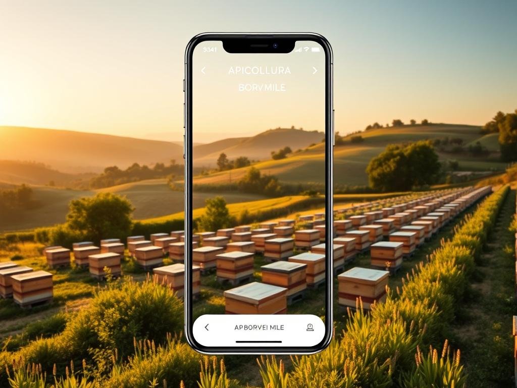 An idyllic Italian countryside scene with a modern app-inspired user interface. In the foreground, a sleek and intuitive mobile app for beekeepers, showcasing the APICOLTURA BORVEI MIELE brand. The app features clean lines, a minimalist design, and easy-to-navigate features. In the middle ground, a picturesque apiary with rows of traditional wooden beehives nestled among rolling hills and lush greenery. The background is bathed in warm, golden light, conveying a sense of tranquility and harmony. The overall mood is one of innovation, tradition, and the seamless integration of technology with the natural world.