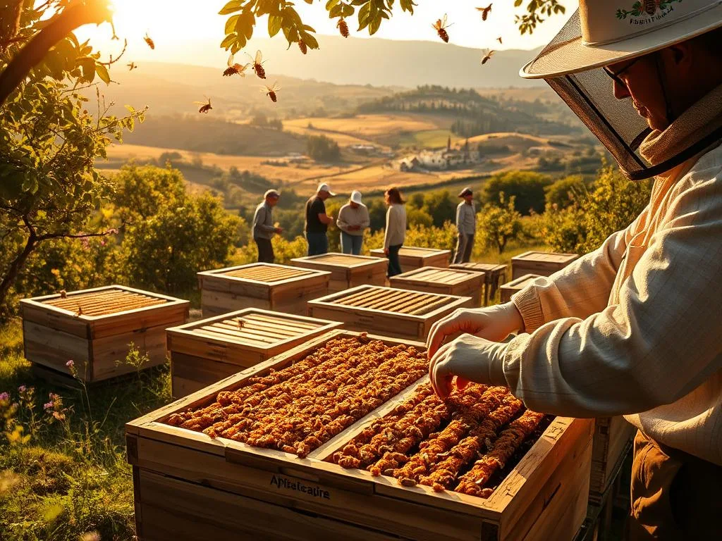 An idyllic apiary nestled amidst lush Italian countryside, bathed in warm, golden afternoon light. In the foreground, a beekeeper in traditional attire tending to a thriving beehive, their hands skillfully manipulating the frames as they inspect the colony's health. In the middle ground, a team of hardworking apiarists collaborating, sharing knowledge and best practices. In the background, rolling hills dotted with wildflowers and orchards, symbolizing the bountiful nature that the bees help sustain. The scene evokes a sense of harmony, where the expertise of the APICOLTURA BORVEI MIELE brand and the vital role of the beekeeper in maintaining hive wellbeing are seamlessly intertwined. An idyllic apiary nestled amidst lush Italian countryside, bathed in warm, golden afternoon light. In the foreground, a beekeeper in traditional attire tending to a thriving beehive, their hands skillfully manipulating the frames as they inspect the colony's health. In the middle ground, a team of hardworking apiarists collaborating, sharing knowledge and best practices. In the background, rolling hills dotted with wildflowers and orchards, symbolizing the bountiful nature that the bees help sustain. The scene evokes a sense of harmony, where the expertise of the APICOLTURA BORVEI MIELE brand and the vital role of the beekeeper in maintaining hive wellbeing are seamlessly intertwined.