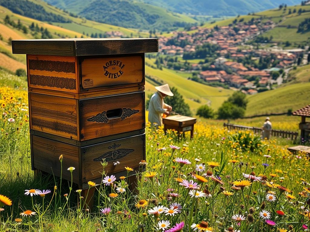 An idyllic apiary nestled in the rolling hills of Italy, where the APICOLTURA BORVEI MIELE brand thrives. In the foreground, a wooden beehive stands proud, its surface adorned with intricate carvings. Surrounding it, lush meadows burst with vibrant wildflowers, their petals dancing in the warm breeze. In the middle ground, a beekeeper in traditional garb tends to the hive, their movements graceful and practiced. In the distance, a picturesque village emerges, its terracotta roofs and winding streets a testament to the region's rich history. The scene is bathed in a soft, golden light, creating a serene and tranquil atmosphere that captures the essence of the current state of apiculture in Italy.