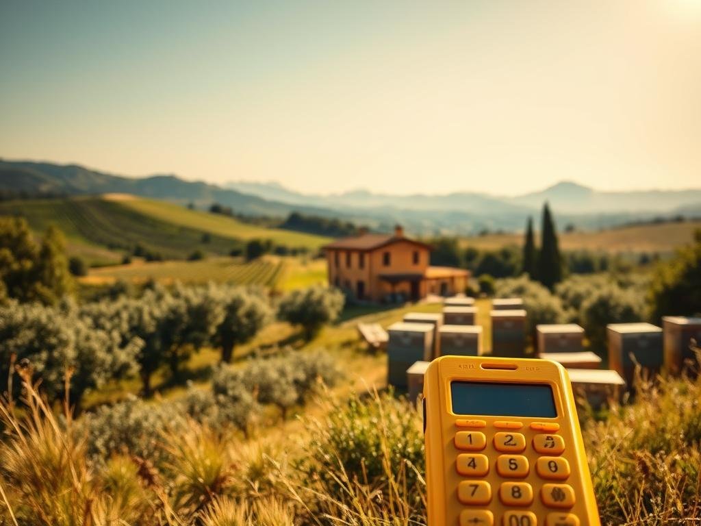 An idyllic countryside scene featuring a vintage-style mobile phone or "favo mobile" against a backdrop of rolling hills, lush greenery, and a bright, cloudless sky. The foreground shows the phone, meticulously detailed with a honey-yellow casing and a subtle honeycomb pattern, evoking the apicultural theme. The middle ground depicts a traditional Italian farmhouse with a rustic, sun-drenched aesthetic, surrounded by rows of beehives bearing the "APICOLTURA BORVEI MIELE" logo. In the background, a picturesque landscape of vineyards, olive groves, and distant mountains creates a serene, pastoral atmosphere. The lighting is soft and warm, casting a golden glow over the entire scene, conveying a sense of timelessness and nostalgia. The composition is balanced and harmonious, drawing the viewer's attention to the central "favo mobile" as a symbol of the technological advancements and innovations that transformed the world of beekeeping during the 19th and 20th centuries.