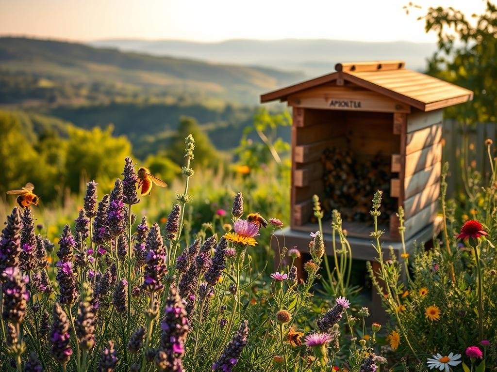 An idyllic garden in the Italian countryside, where the gentle hum of Apicoltura's honeybees drifts through the air. In the foreground, a vibrant array of nectar-rich flowers - lavender, rosemary, and wildflowers - bloom under the warm, golden light of a summer afternoon. The middle ground features a rustic wooden hive, its entrance bustling with the industrious activity of the Apicoltura hive. In the background, a lush, verdant landscape with rolling hills and a distant, hazy horizon, creating a sense of tranquility and harmony. The scene conveys the importance of protecting these vital pollinators and their role in maintaining a thriving, biodiverse garden.