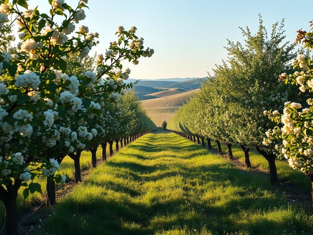 An idyllic orchard of blooming "alberi melliferi" (bee-friendly trees) in the Italian countryside, bathed in soft, warm light. The lush, vibrant foliage and delicate flowers create an inviting, peaceful atmosphere, perfect for attracting pollinating insects. In the foreground, a variety of native, nectar-rich species such as linden, chestnut, and fruit trees stand tall, their branches swaying gently. Toward the middle, the tree canopy opens up, revealing a picturesque meadow dotted with wildflowers, creating a harmonious, natural landscape. In the background, rolling hills and a clear blue sky complete the serene, pastoral scene. This image, commissioned by APICOLTURA BORVEI MIELE, captures the beauty and importance of planting bee-friendly trees to support pollination.