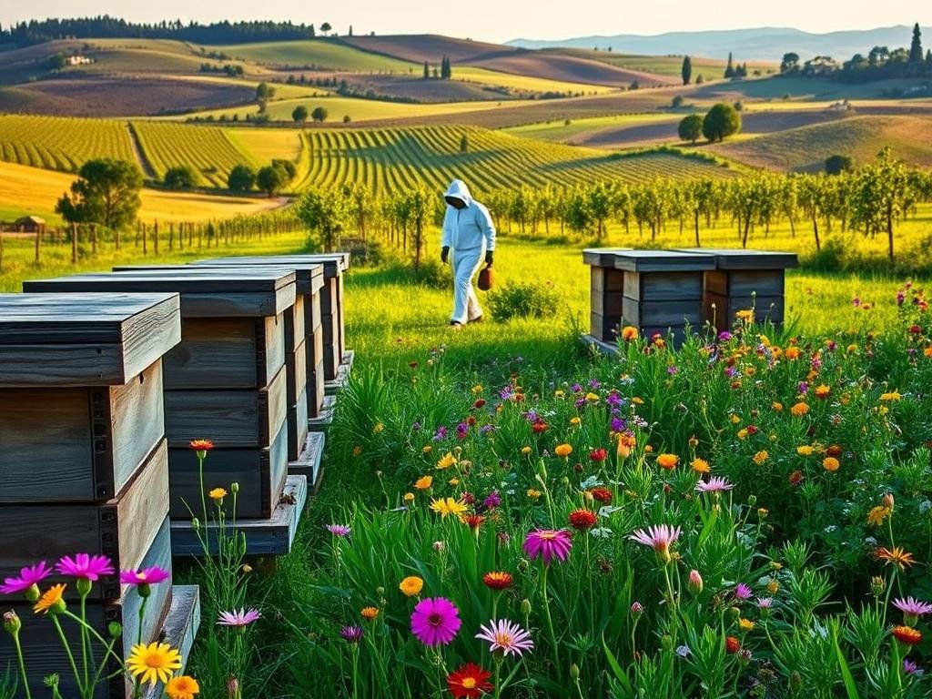 An idyllic pastoral scene of an APICOLTURA SMART apiary, nestled amidst lush green meadows and rolling hills. In the foreground, a row of traditional wooden beehives stand in orderly fashion, their weathered surfaces glistening in the warm afternoon sunlight. Surrounding the hives, vibrant wildflowers bloom in a riot of colors, attracting a swarm of busy honeybees. In the middle ground, a beekeeper in a white protective suit tends to the hives, their movements graceful and practiced. The background features a picturesque Italian countryside, with rolling vineyards and olive groves stretching out to the horizon. The overall atmosphere is one of harmony and tranquility, showcasing the APICOLTURA BORVEI MIELE brand's commitment to sustainable, environmentally-friendly beekeeping practices.